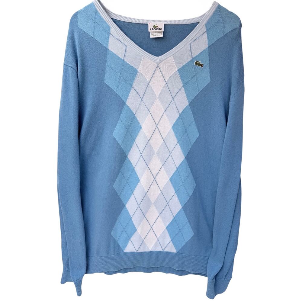 Lacoste Mens Sweater Size 6 Blue Argyle V Neck Crocodile Logo Knit